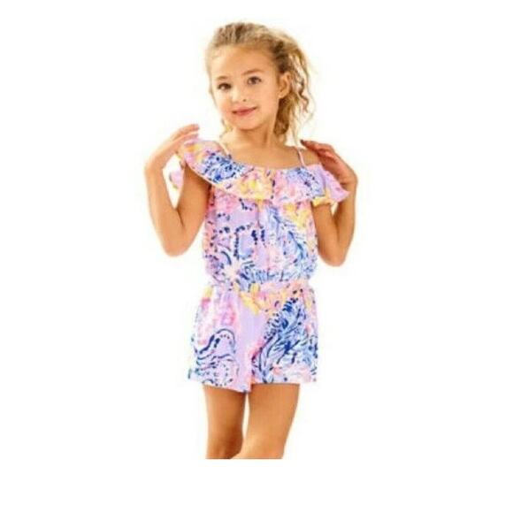 Lilly Pulitzer Girls Emoni Romper in Lilac Verbena Ruffle Size L 8-10 - Picture 2 of 5